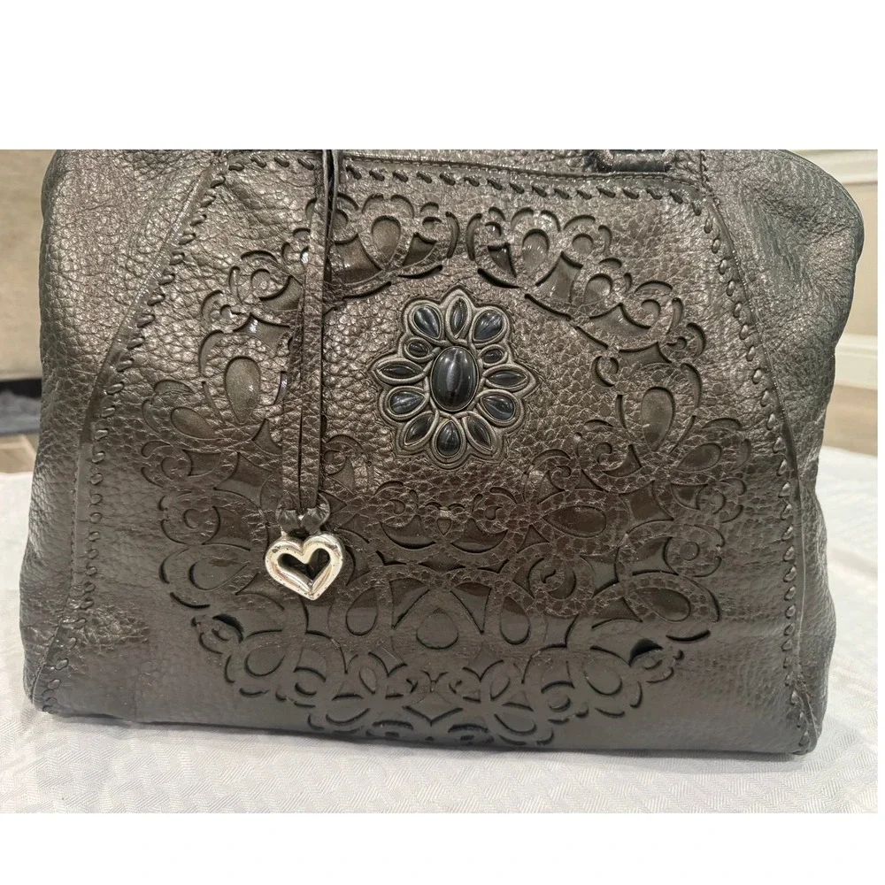 Brighton Leather Satchel Bag‎ Womens Large Metallic Charcoal Excellent Mandala